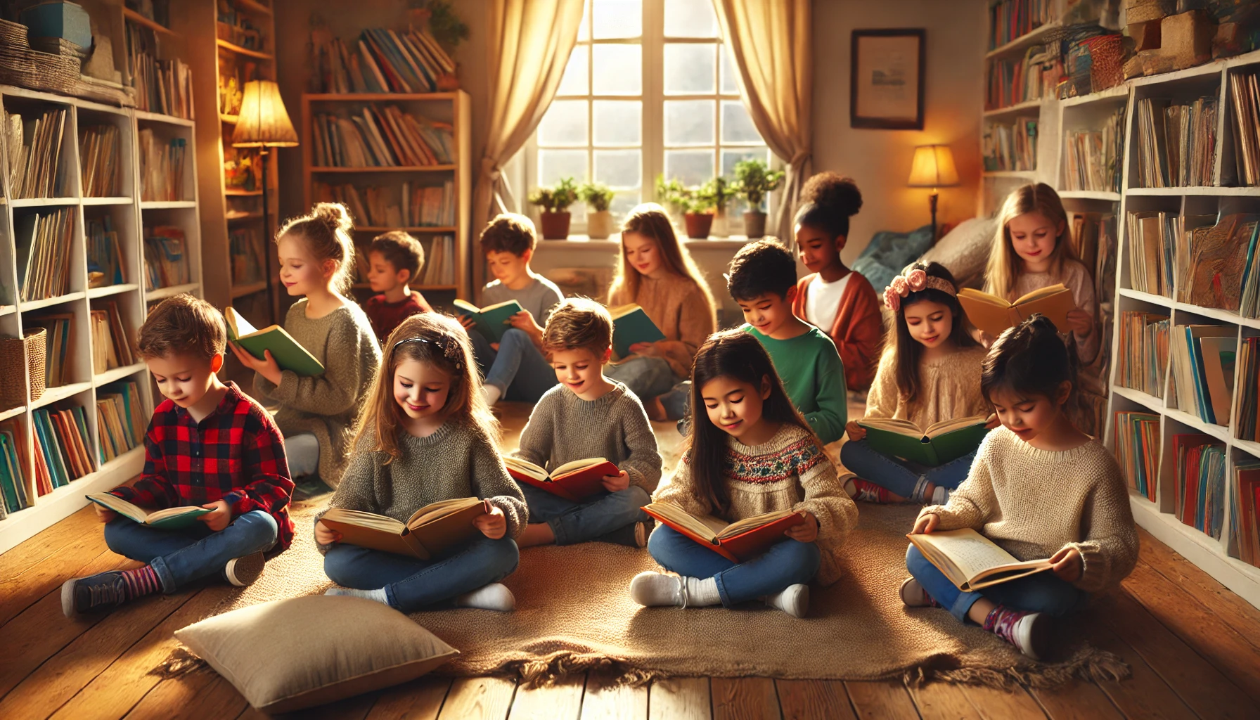 Group of children of diverse ages and backgrounds sitting on a soft, carpeted floor, each engrossed in reading a book. The warm, cozy room features bookshelves filled with colorful books, cushions, and a large window allowing natural light to brighten the space. Some children smile as they read, while others appear deeply focused, creating a calm and inspiring atmosphere that celebrates the joy of reading.