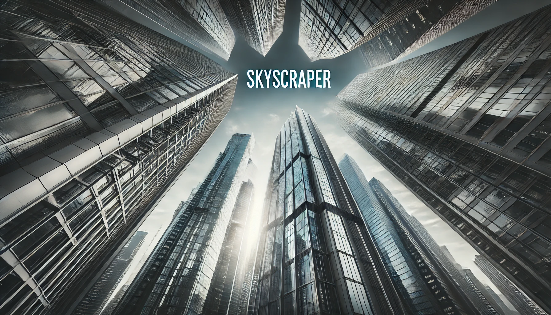Upward perspective of modern skyscrapers with sleek glass facades converging towards the sky, with the word 'Skyscraper' written in the center against a cloudy backdrop.
