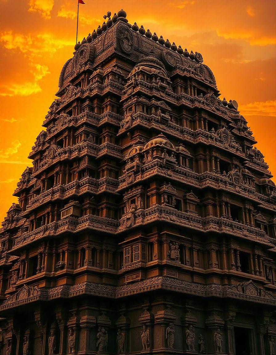 An intricately carved Hindu temple against a vibrant orange sunset sky. The temple features multiple tiers of detailed sculptures and ornamentation, showcasing classical Indian architectural style. The silhouette of the temple spire and flag at the top add a spiritual and majestic feel to the scene.